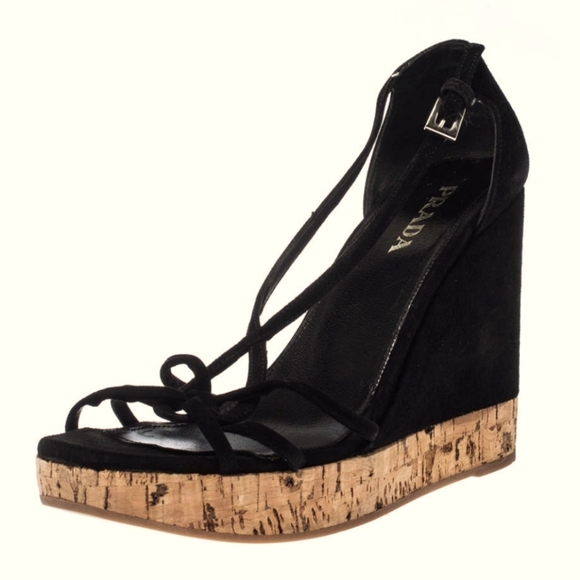 Prada NEW Black Suede Strappy Cork Wedge Platform Sandals No Box 38.5  US7.5 /8 - Picture 1 of 6